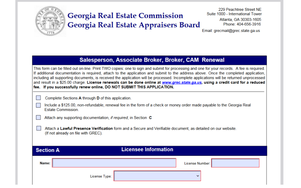 Screenshot of a portion of a renewal application form for Salesperson, Associate Broker, Broker, and CAM from the Georgia Real Estate Commission and Georgia Real Estate Appraisers Board, with instructions for completion and a section for licensee information including name and license number.
